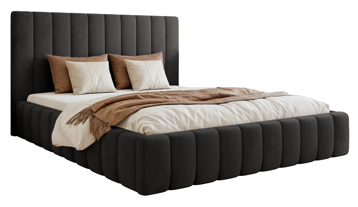 Lit tapissé 160x200 cm Fiarro avec rangement pour linge de lit, velours gris foncé, cadre métallique