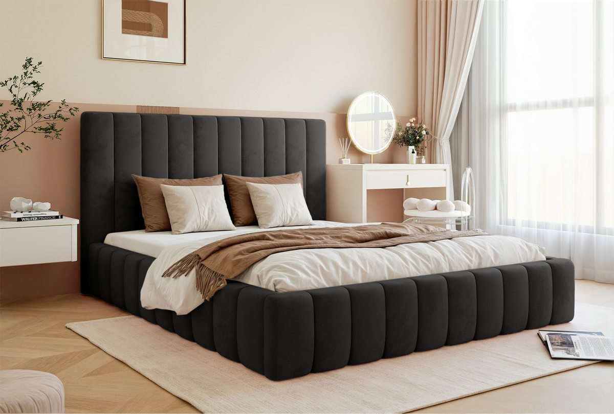 Lit tapissé 160x200 cm Fiarro avec rangement pour linge de lit, velours gris foncé, cadre métallique