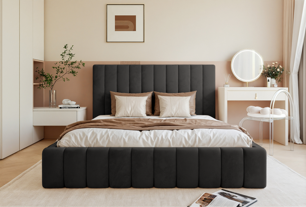 Lit tapissé 180x200 cm Fiarro avec rangement pour la literie, velours gris foncé, cadre métallique