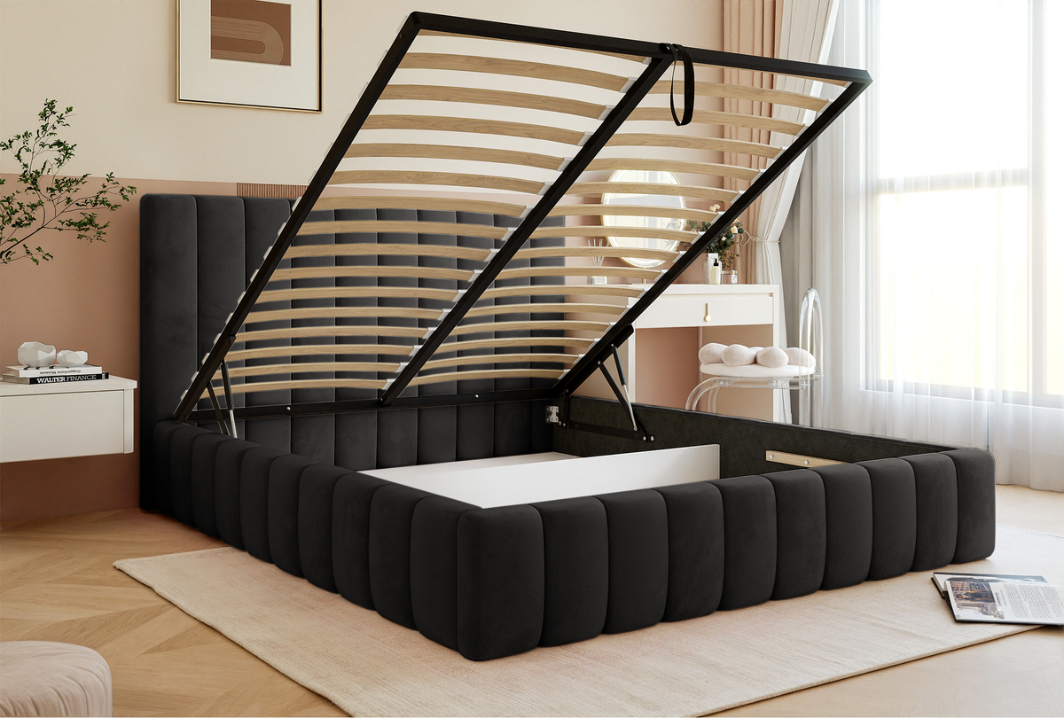 Lit tapissé 180x200 cm Fiarro avec rangement pour la literie, velours gris foncé, cadre métallique
