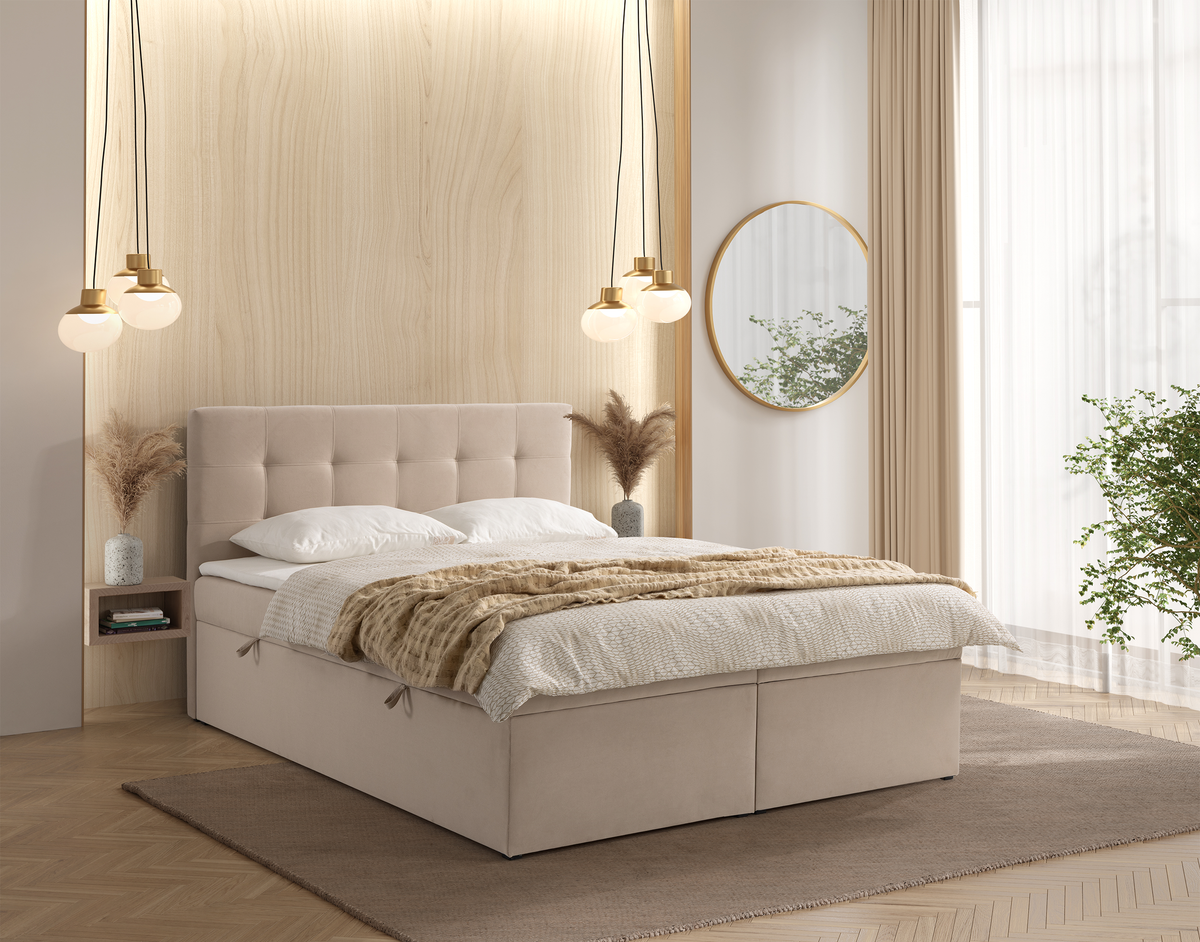 Lit continental 160x200 cm Ronneo avec rangements et surmatelas en velours beige clair