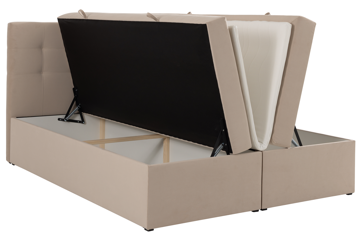 Lit continental 180x200 cm Ronneo avec rangements et surmatelas en velours beige clair