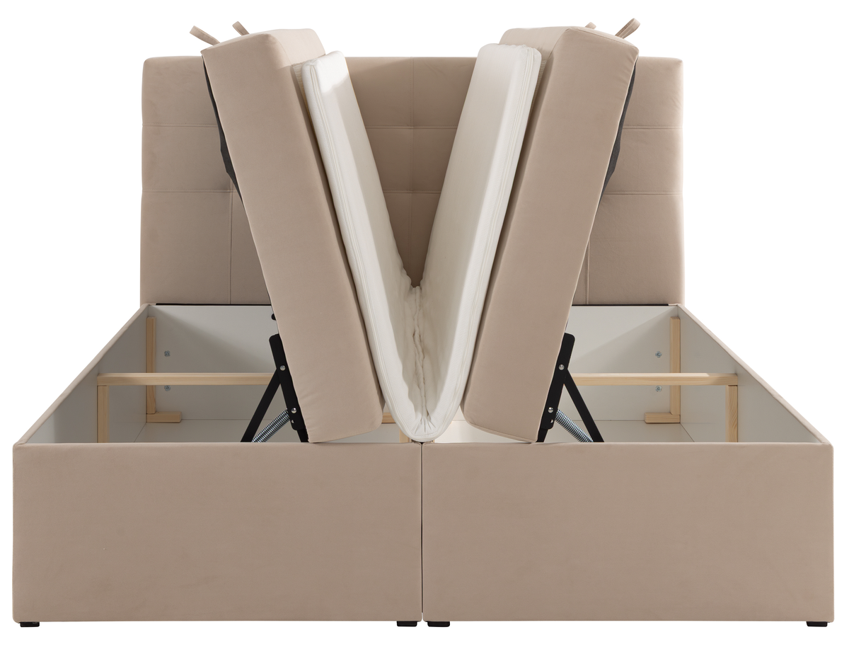 Lit continental 180x200 cm Ronneo avec rangements et surmatelas en velours beige clair