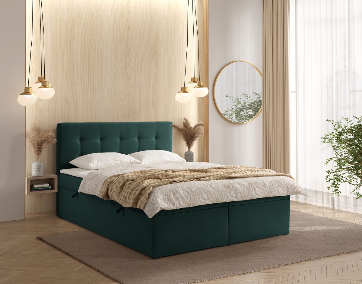 Lit continental 140x200 cm Ronneo avec rangements et surmatelas en velours vert