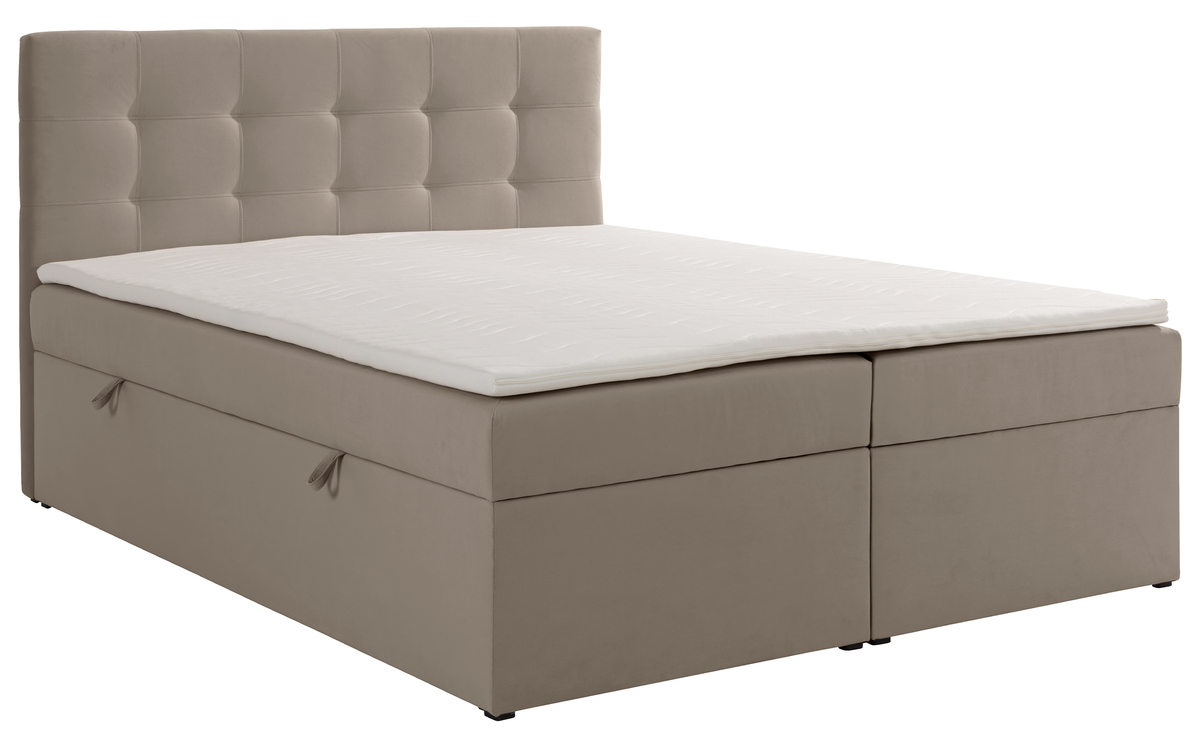 Lit continental 160x200 cm Ronneo avec rangements et surmatelas en velours gris-beige