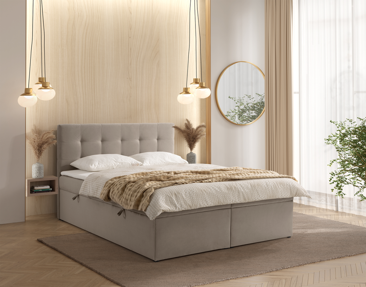 Lit continental 160x200 cm Ronneo avec rangements et surmatelas en velours gris-beige