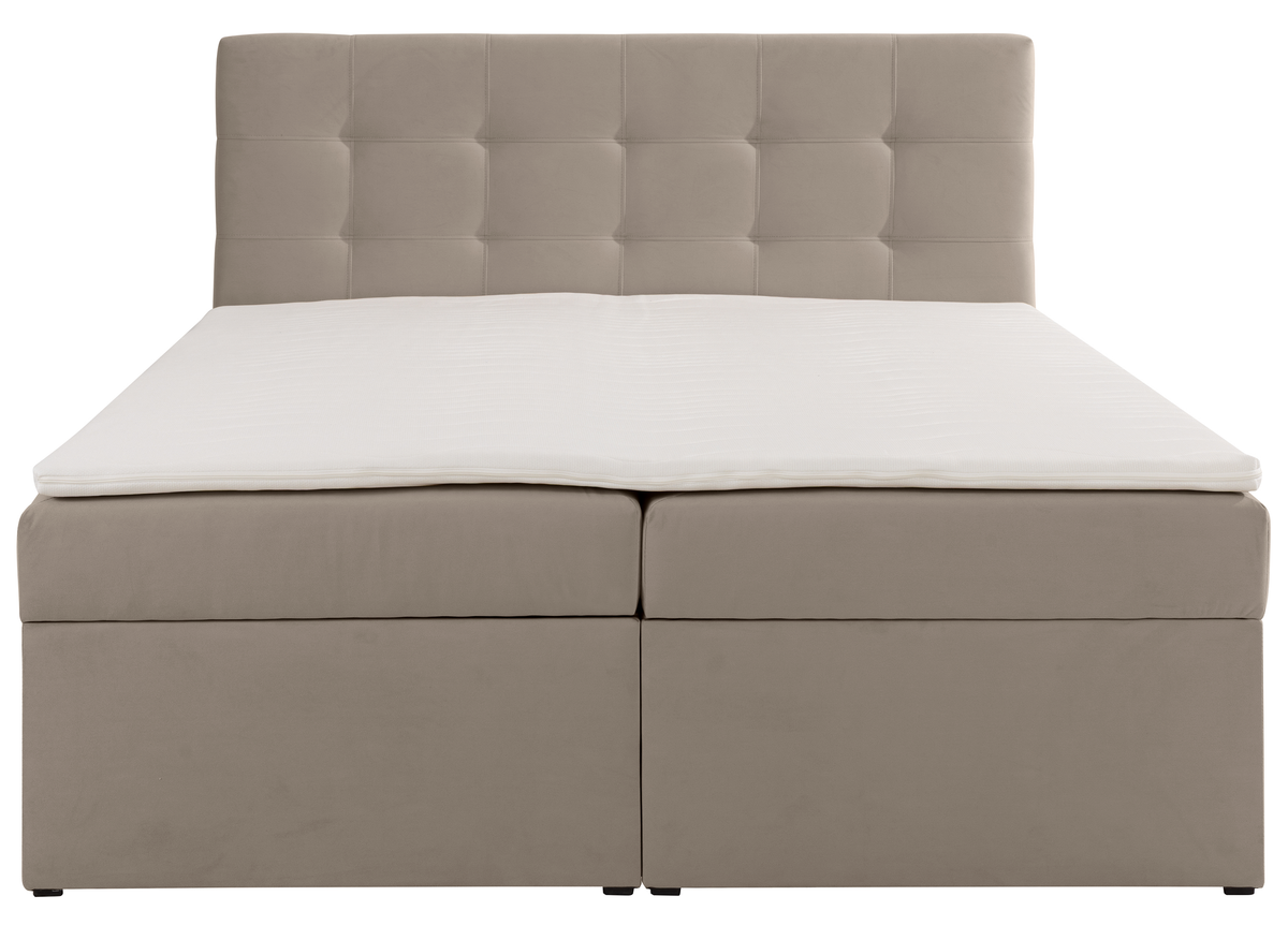 Lit continental 180x200 cm Ronneo avec rangements et surmatelas en velours gris-beige