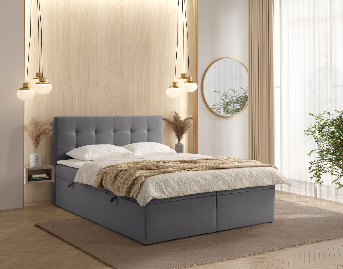 Lit continental 180x200 cm Ronneo avec rangements et surmatelas en velours gris cendré