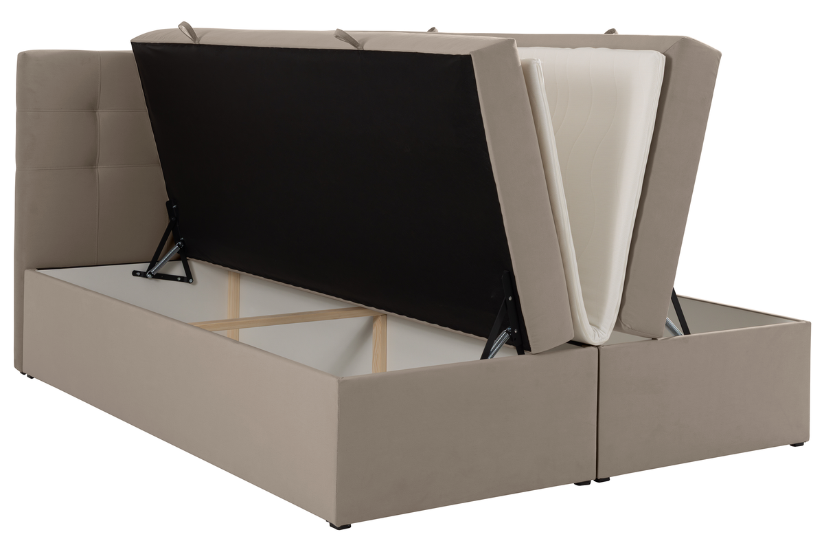Lit continental 180x200 cm Ronneo avec rangements et surmatelas en velours gris-beige
