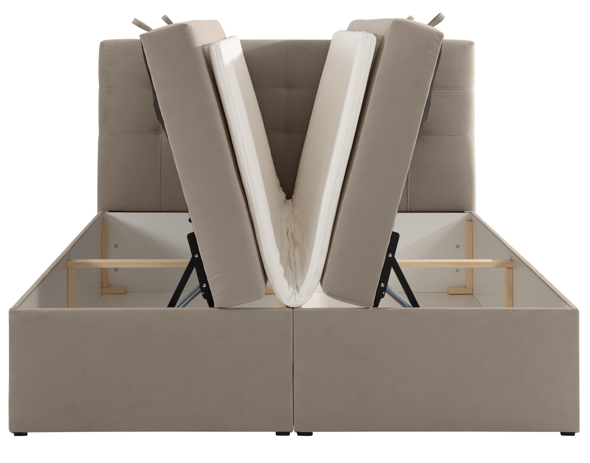 Lit continental 160x200 cm Ronneo avec rangements et surmatelas en velours gris-beige