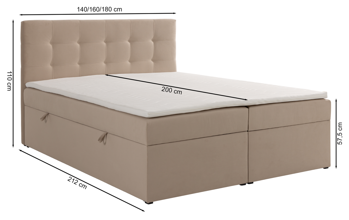 Kontinentalbett 140x200 cm Ronneo mit Stauraum und Topper, aschgrauer Samt