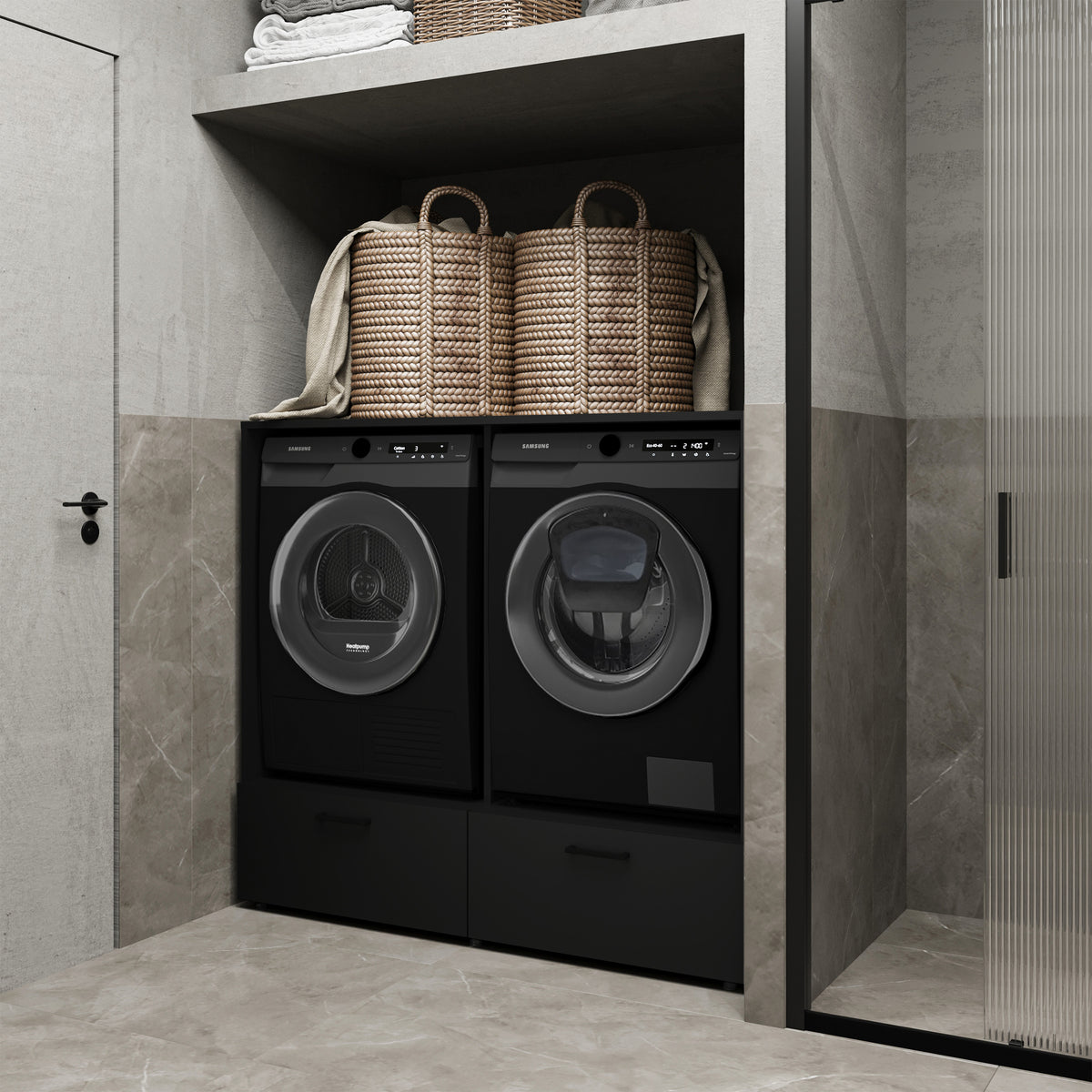 Meuble pour lave-linge et sèche-linge Rosa avec deux tiroirs noir Onyx