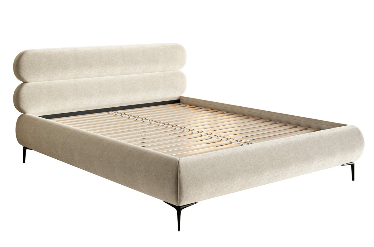 Polsterbett 160x200 cm Roule, cremefarbener Velours, wasserabweisend, schwarze Beine