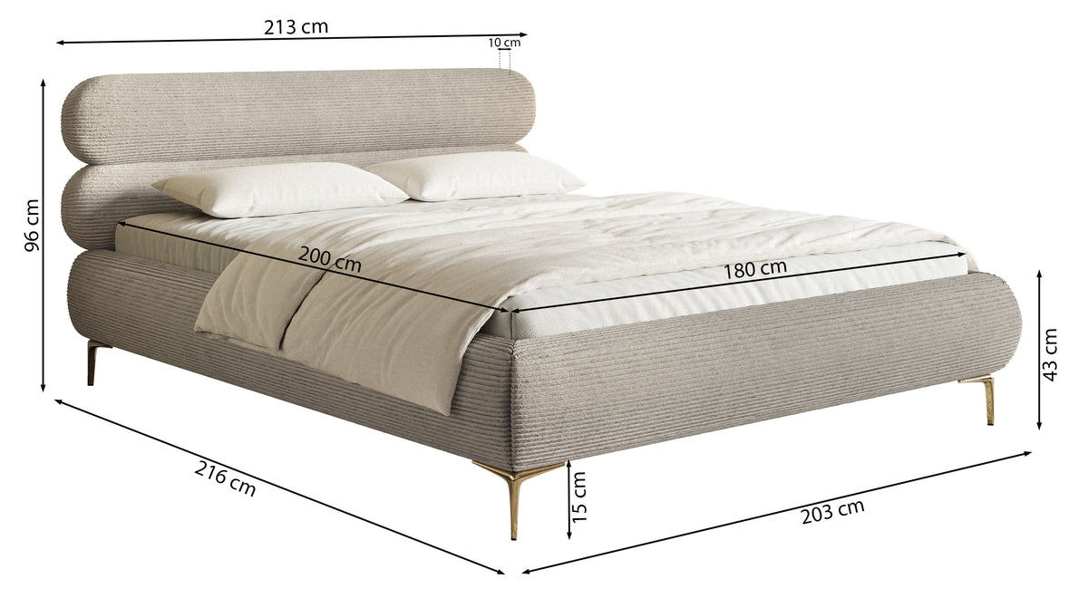 Gepolstertes Bett 180x200 cm Roule Cord grau Cordstoff schwarze Beine