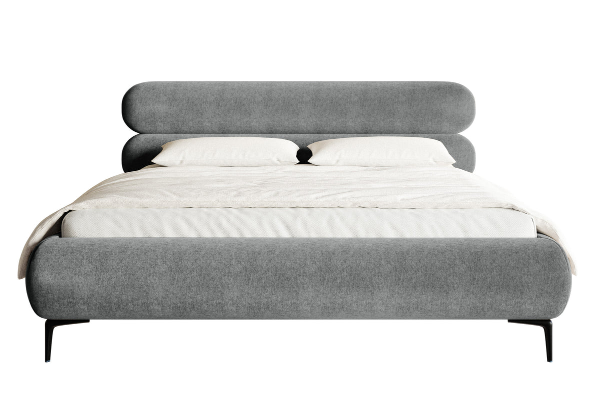 Lit tapissé 140x200 cm Roule avec rangement, cadre métallique, velours hydrofuge gris, pieds noirs