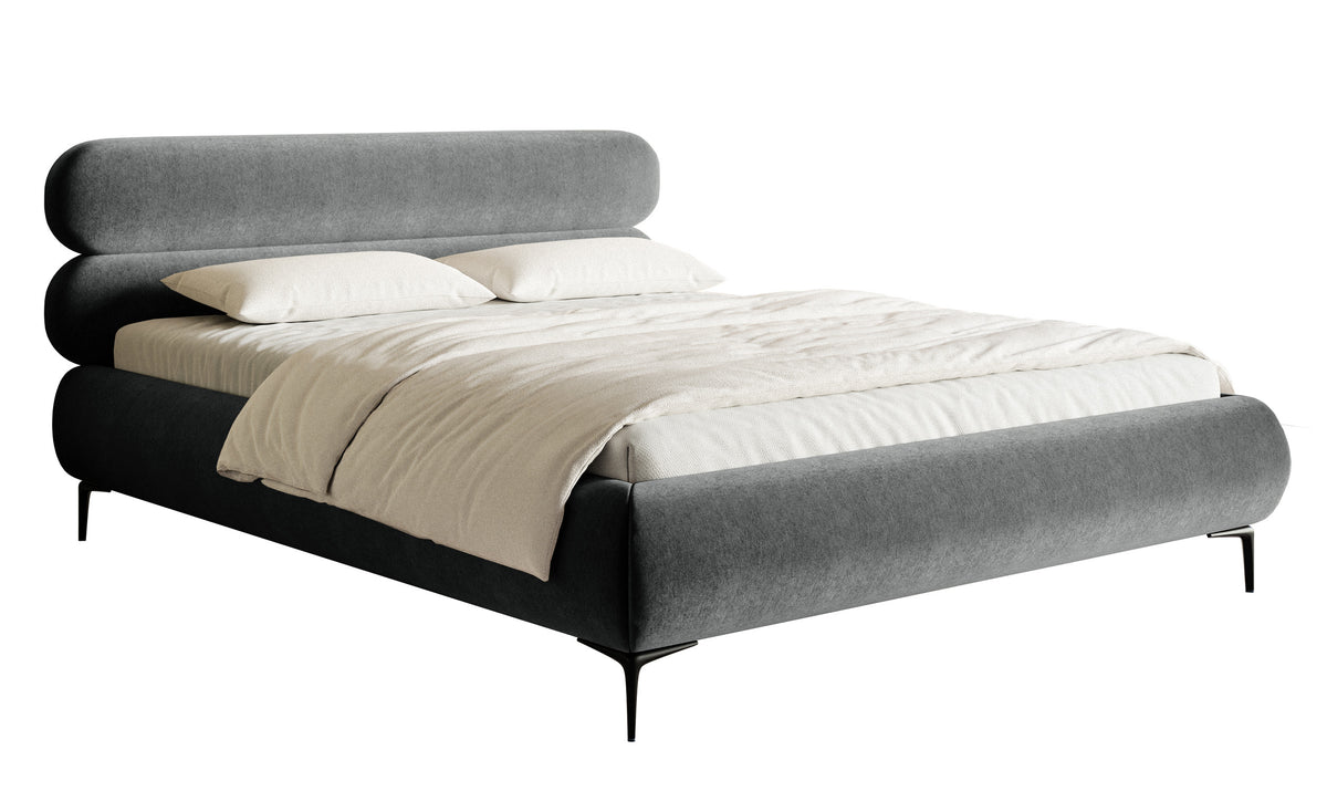 Gepolstertes Bett 160x200 cm Roule, grauer Velours, wasserabweisend, schwarze Beine