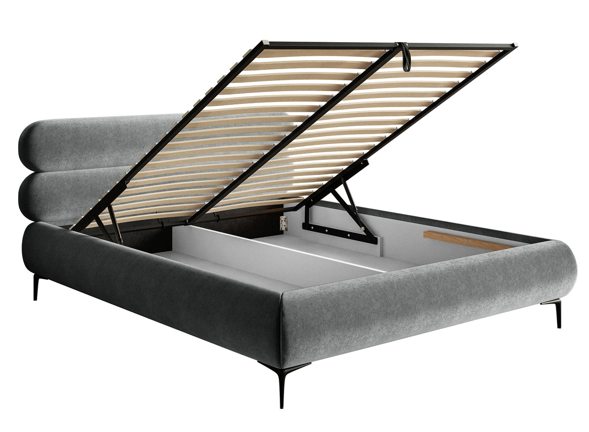 Lit tapissé 140x200 cm Roule avec rangement, cadre métallique, velours hydrofuge gris, pieds noirs