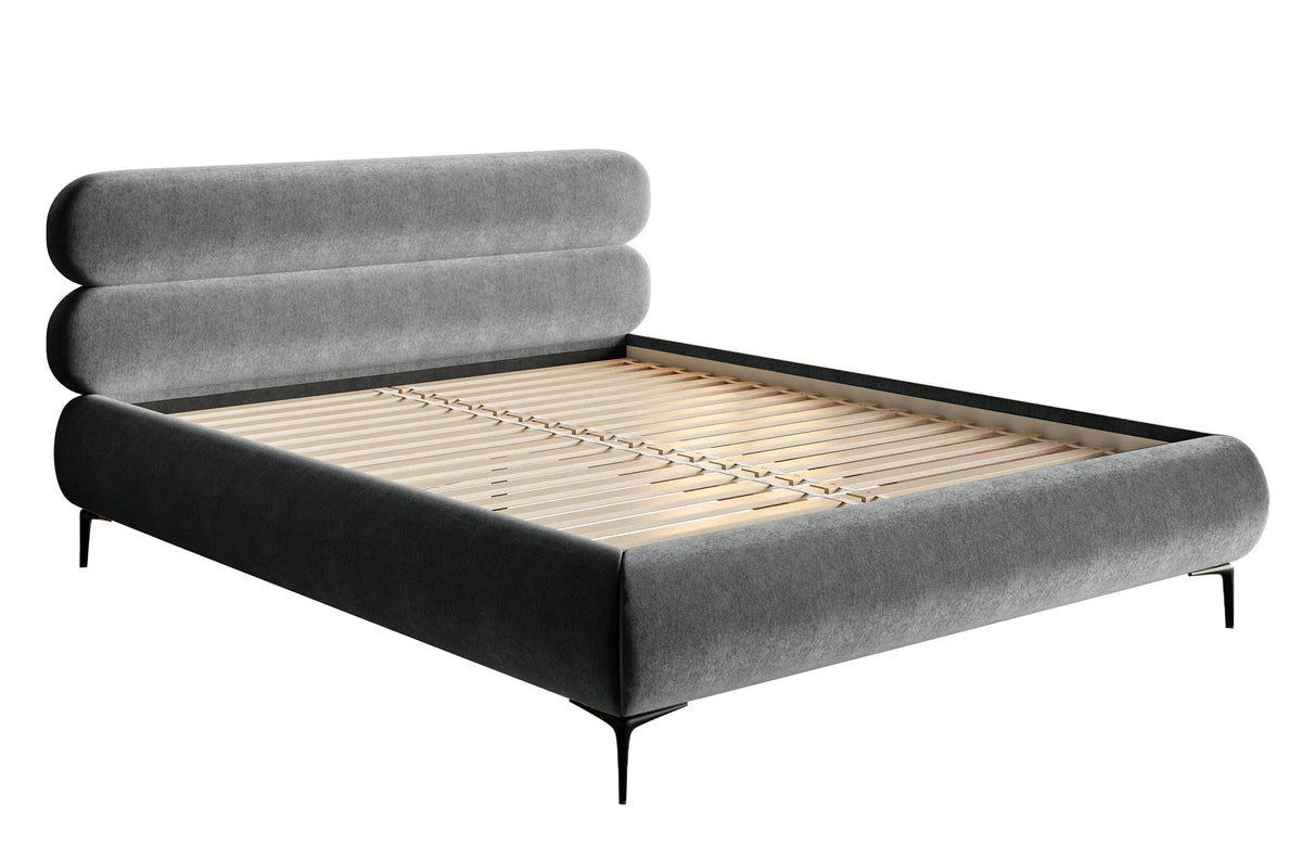 Gepolstertes Bett 160x200 cm Roule, grauer Velours, wasserabweisend, schwarze Beine