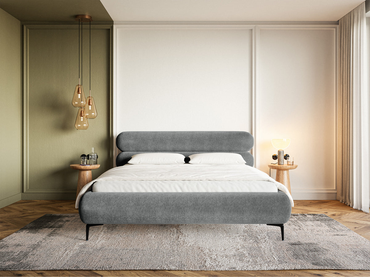 Lit tapissé 140x200 cm Roule avec rangement, cadre métallique, velours hydrofuge gris, pieds noirs