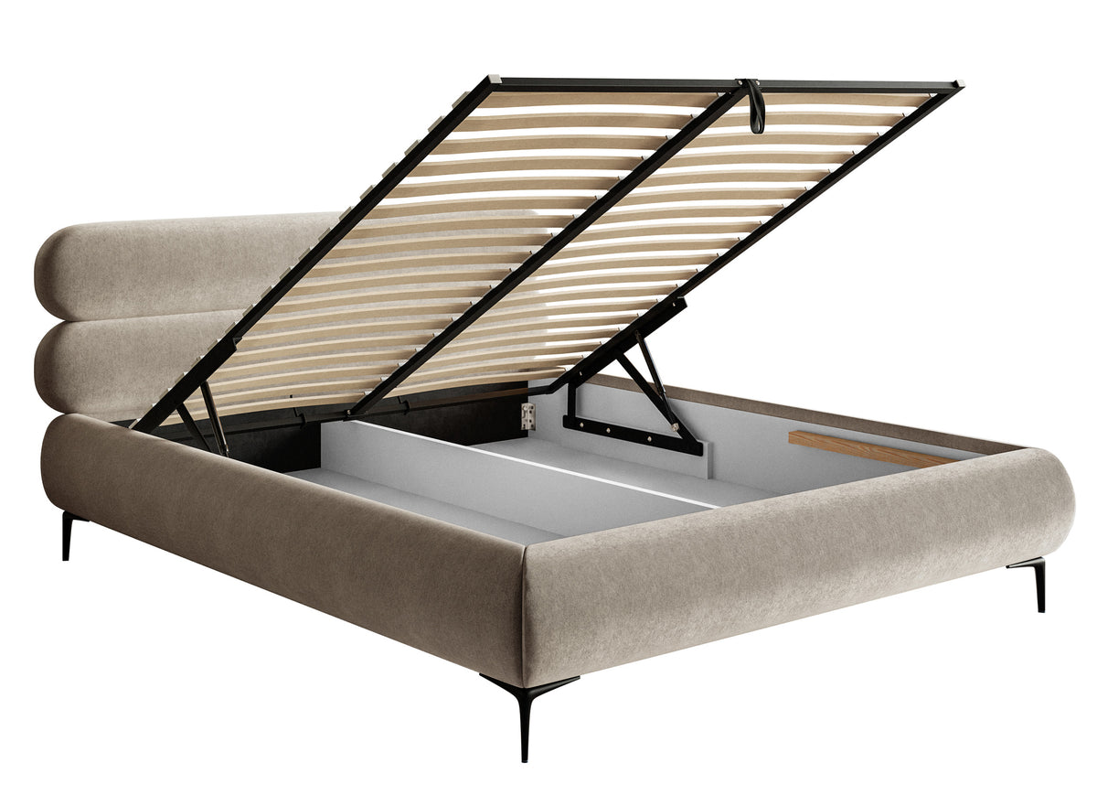 Gepolstertes Bett 180x200 cm Roule mit Stauraum, Metallrahmen, grau-beiger wasserabweisender Samt, schwarze Füße