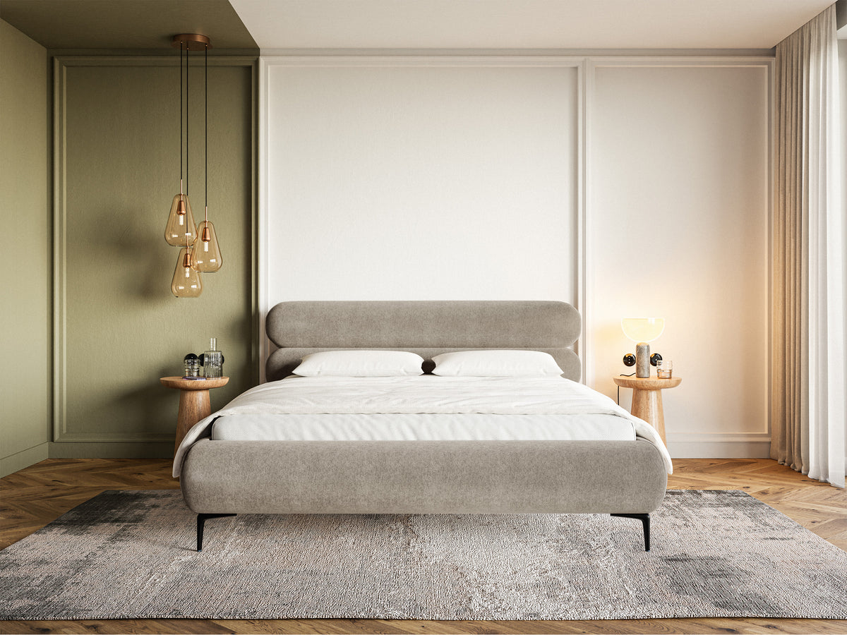 Gepolstertes Bett 180x200 cm Roule mit Stauraum, Metallrahmen, grau-beiger wasserabweisender Samt, schwarze Füße