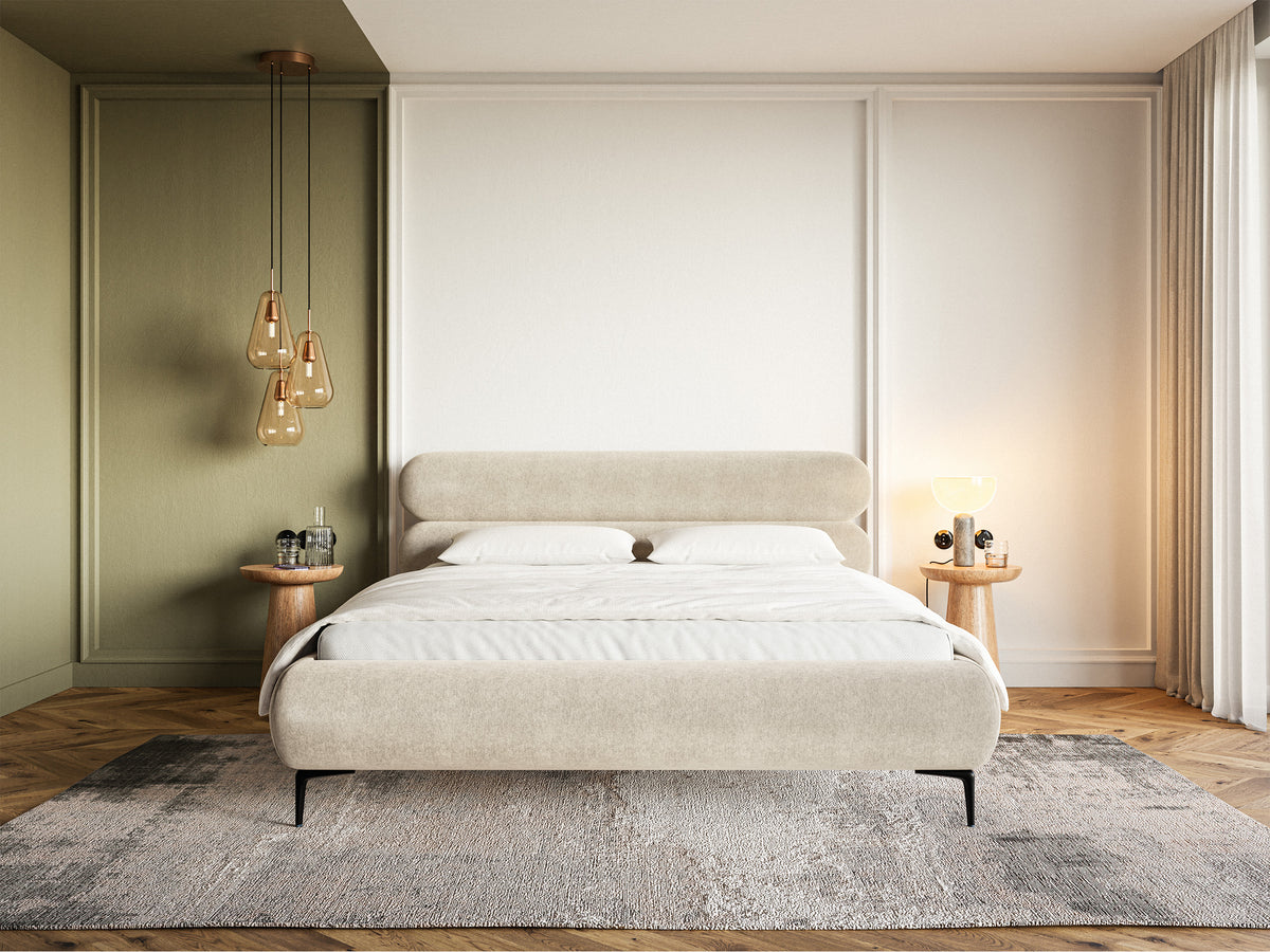 Polsterbett 180x200 cm Roule mit Stauraum, Metallrahmen, hellbeiger Veloursstoff, wasserabweisend, schwarze Beine