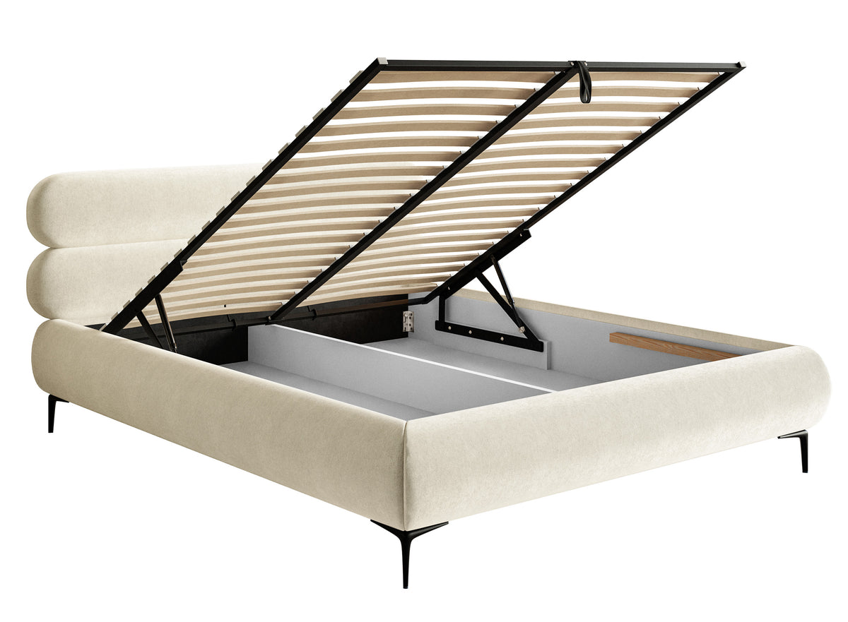 Lit tapissé 140x200 cm Roule avec rangement, cadre métallique, velours hydrofuge crème, pieds noirs