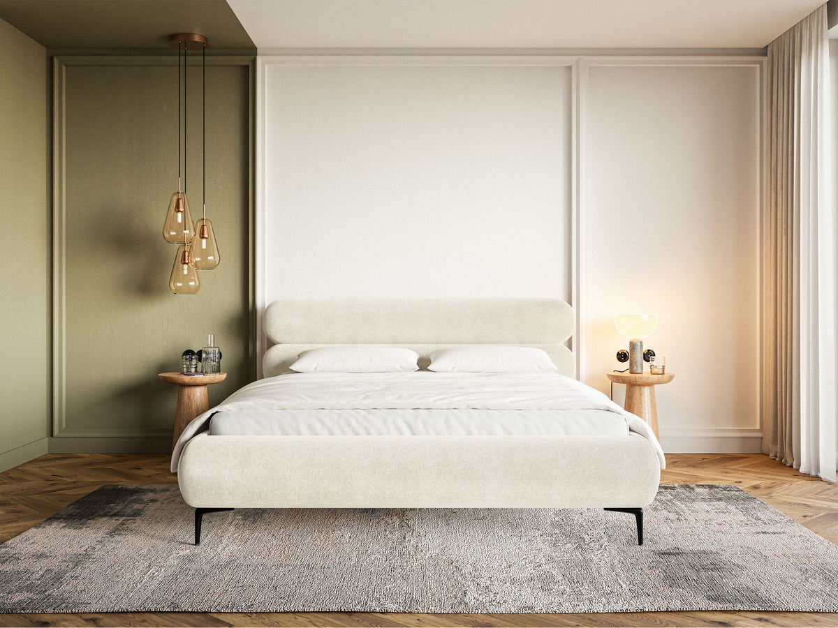 Lit tapissé 180x200 cm Roule velours hydrofuge crème pieds noirs