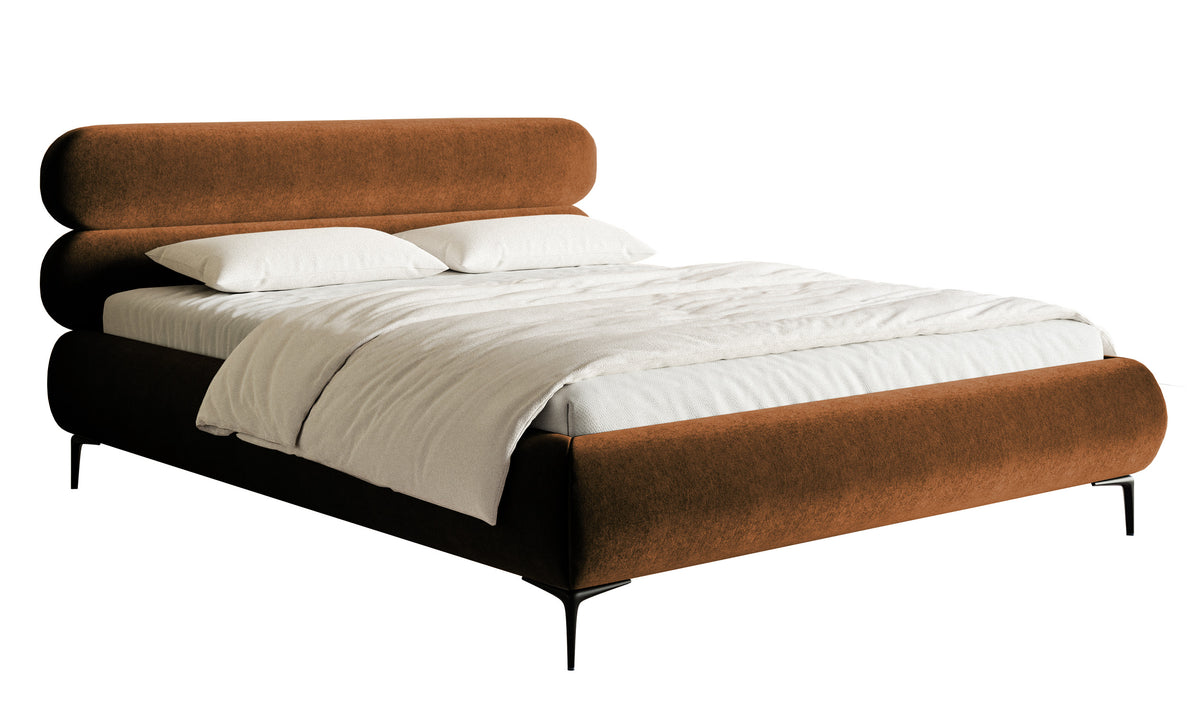 Lit tapissé 140x200 cm Roule avec rangement, cadre métallique, velours hydrofuge cuivre, pieds noirs