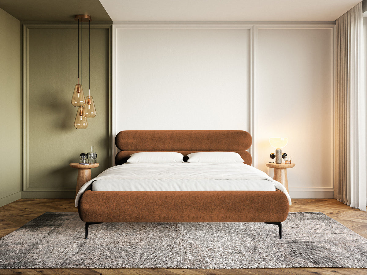 Lit tapissé 140x200 cm Roule avec rangement, cadre métallique, velours hydrofuge cuivre, pieds noirs