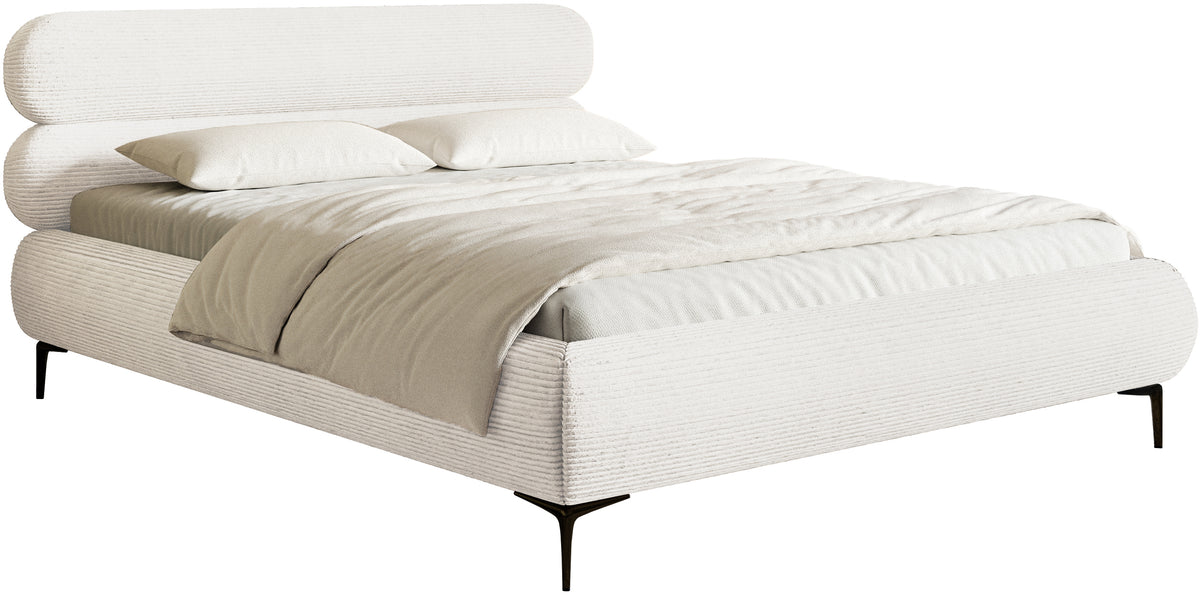Lit tapissé 180x200 cm Roule Cord avec rangement, cadre métallique, velours côtelé crème, pieds noirs