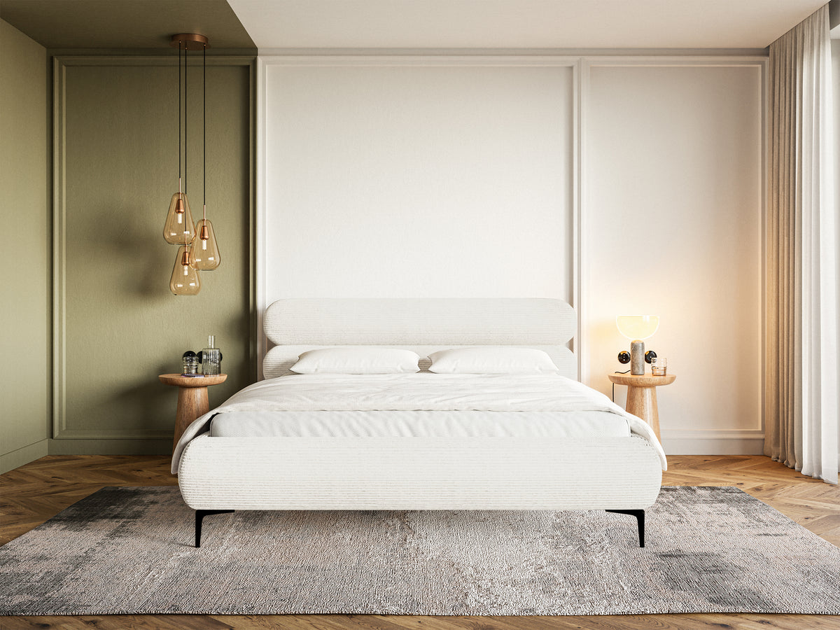 Lit tapissé 180x200 cm Roule Cord avec rangement, cadre métallique, velours côtelé crème, pieds noirs