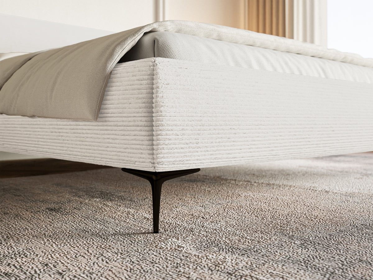 Lit tapissé 180x200 cm Roule Cord avec rangement, cadre métallique, velours côtelé crème, pieds noirs