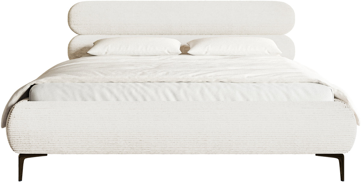 Lit tapissé 180x200 cm Roule Cord avec rangement, cadre métallique, velours côtelé crème, pieds noirs