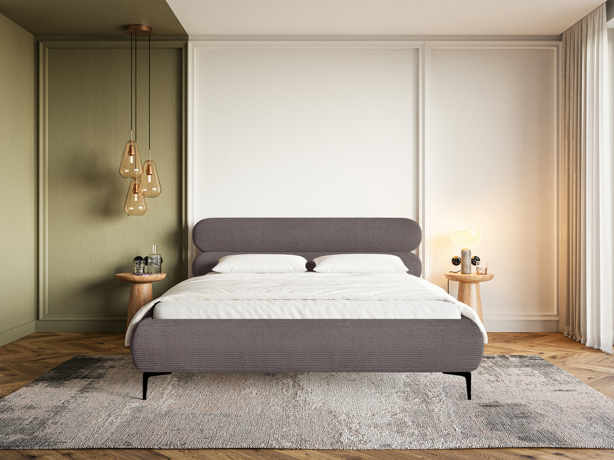 Lit tapissé 180x200 cm Roule Cord velours côtelé marron pieds noirs