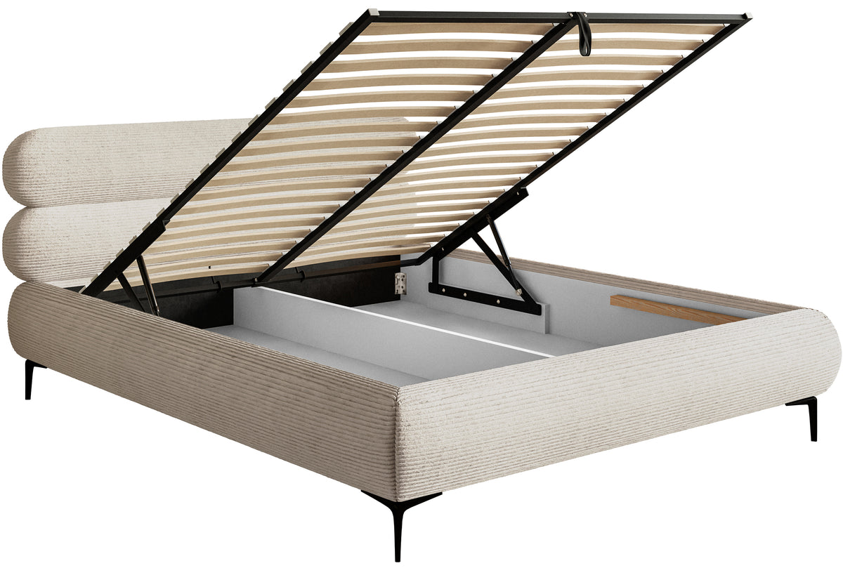 Lit tapissé 160x200 cm Roule Cord avec rangement, cadre métallique, velours côtelé beige clair, pieds noirs
