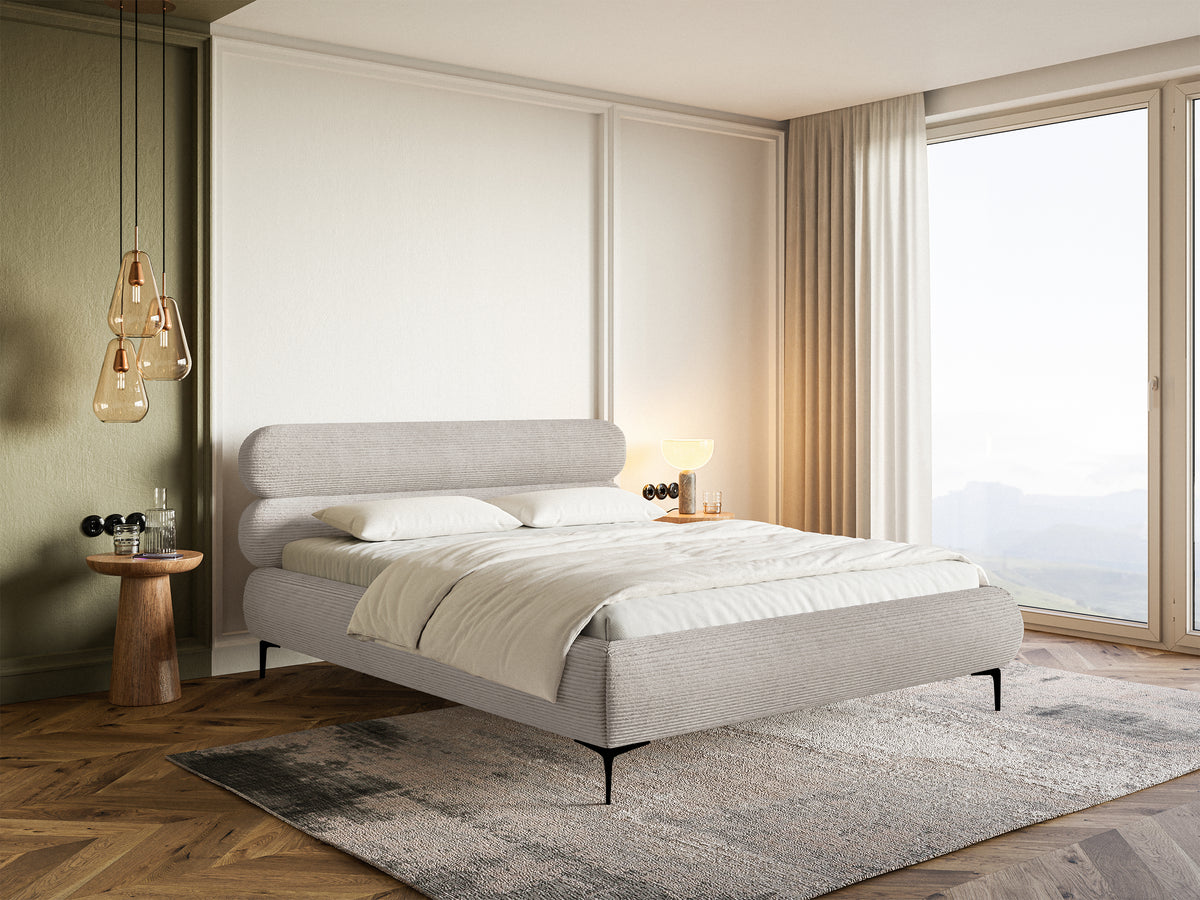 Lit tapissé 160x200 cm Roule Cord velours côtelé gris beige pieds noirs