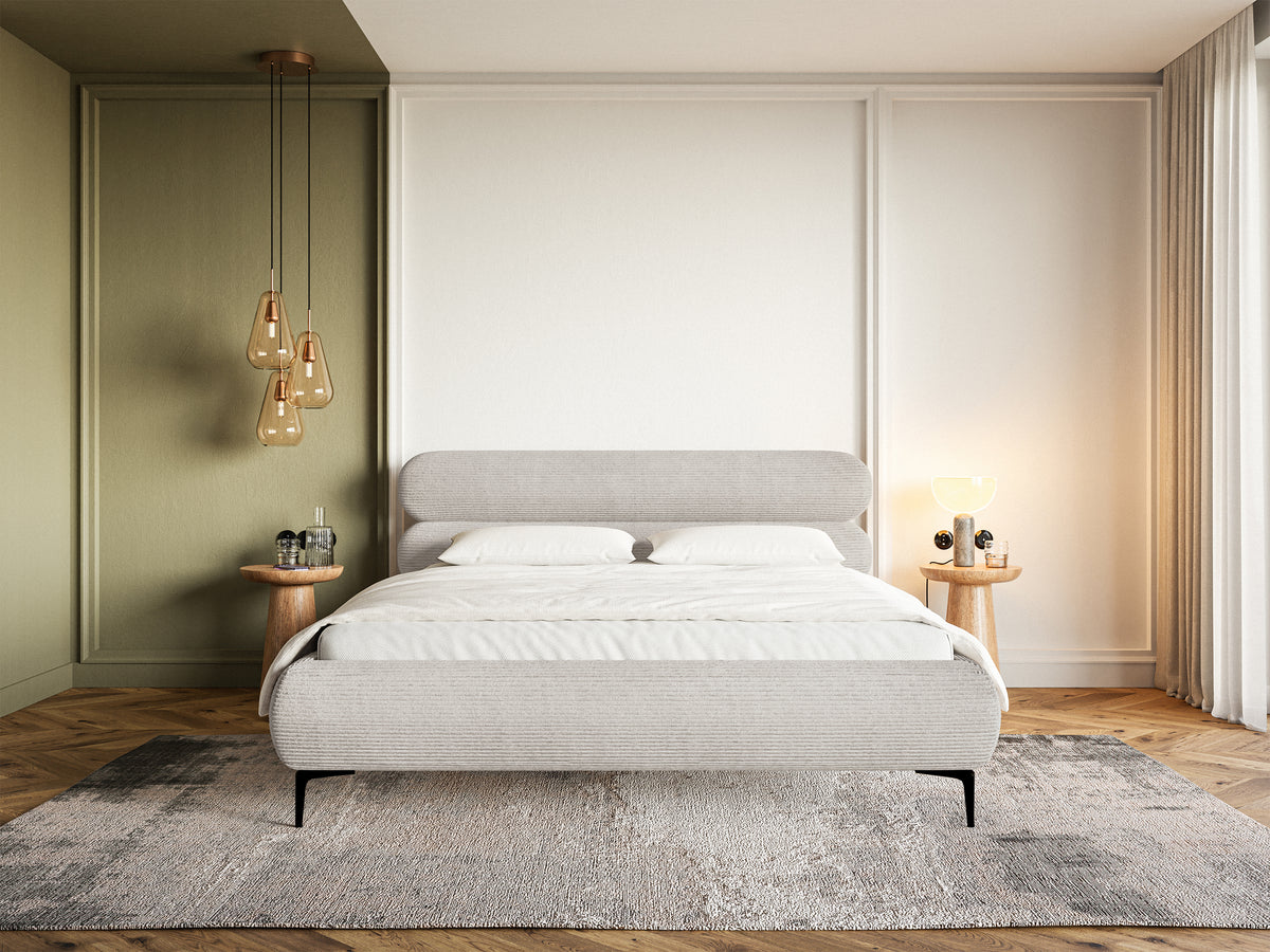 Lit tapissé 160x200 cm Roule Cord velours côtelé gris beige pieds noirs