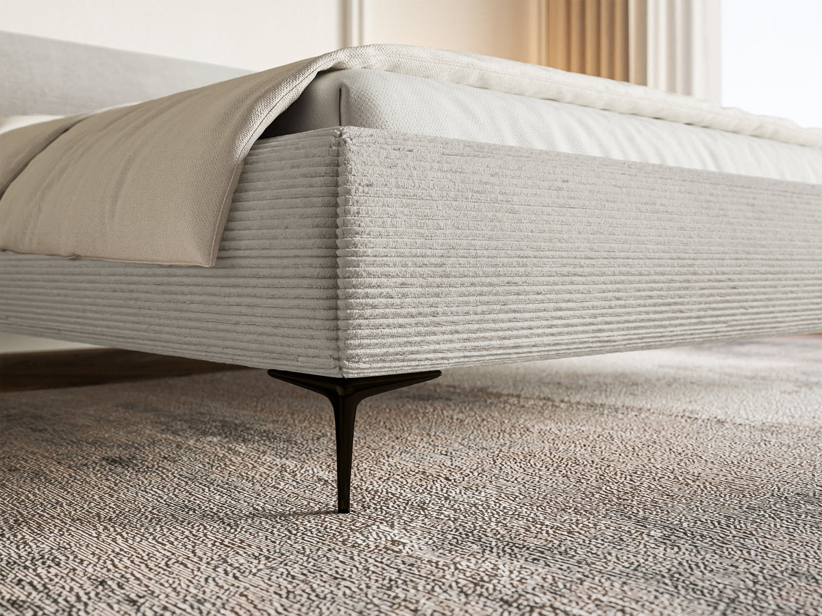 Lit tapissé 160x200 cm Roule Cord velours côtelé gris beige pieds noirs