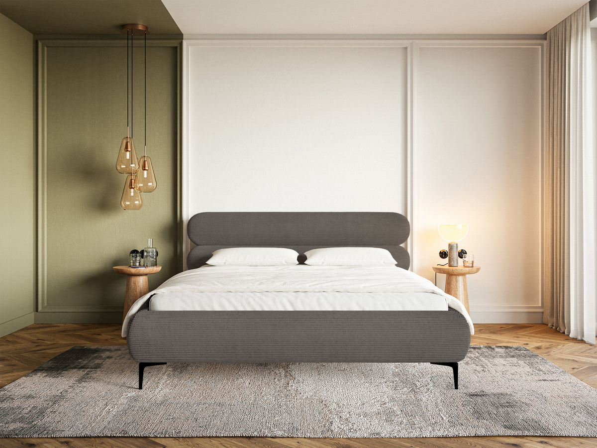 Gepolstertes Bett 180x200 cm Roule Cord grau Cordstoff schwarze Beine