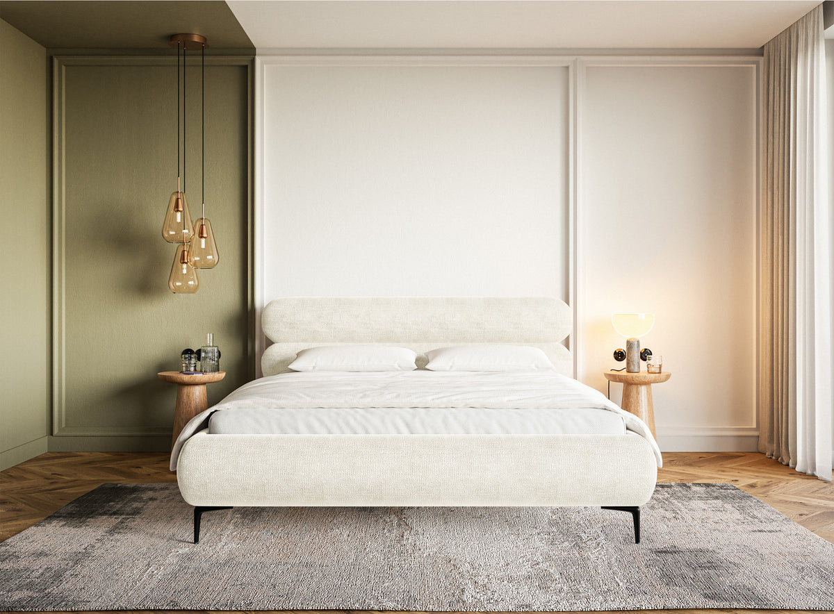 Polsterbett 180x200 cm Roule mit Stauraum, Metallrahmen, cremefarbener Chenille, schwarze Beine