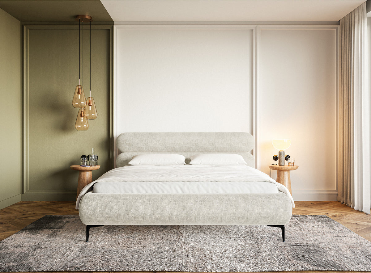 Lit tapissé 160x200 cm Roule avec coffre, cadre métallique, chenille gris-beige, pieds noirs