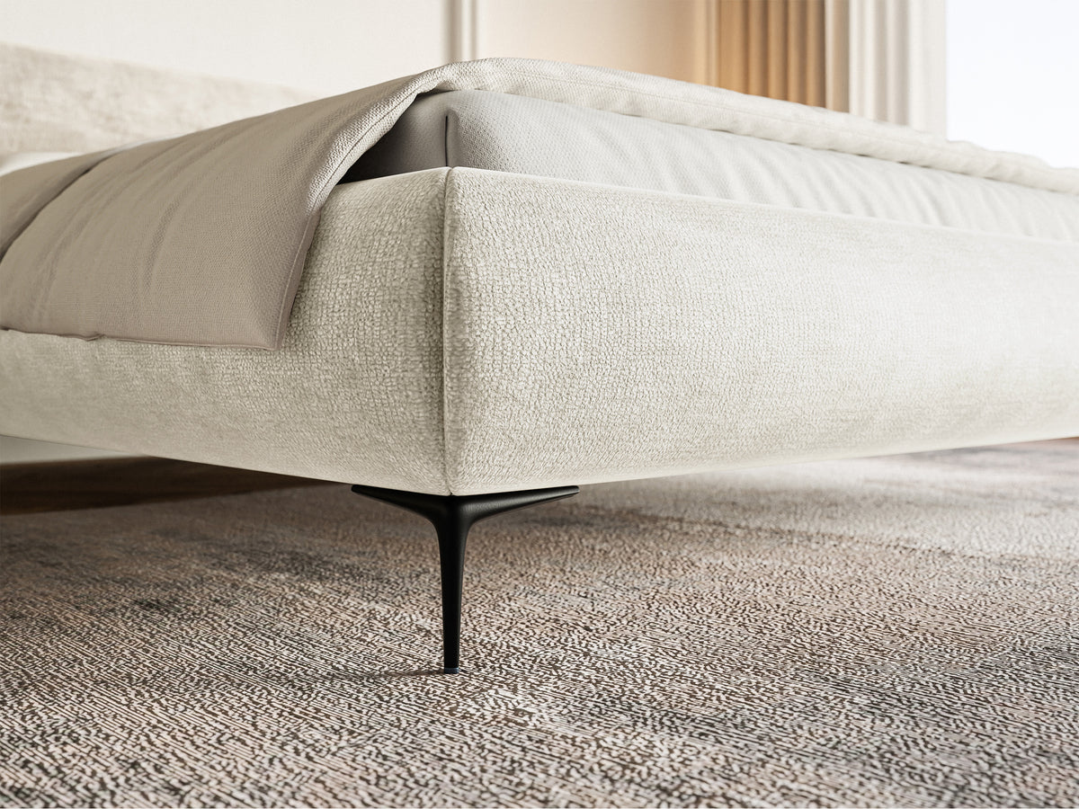 Lit tapissé 160x200 cm Roule avec coffre, cadre métallique, chenille gris-beige, pieds noirs