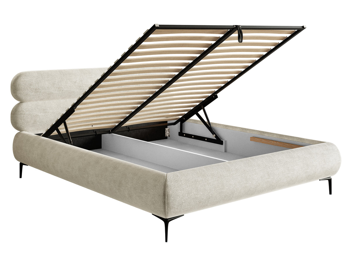 Lit tapissé 160x200 cm Roule avec coffre, cadre métallique, chenille gris-beige, pieds noirs
