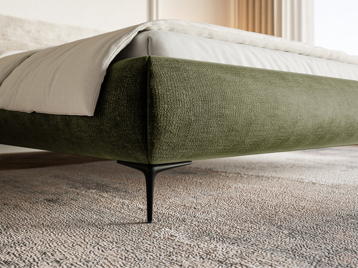 Polsterbett 160x200 cm Roule mit Stauraum, Metallrahmen, olivgrüner Chenille-Stoff, schwarze Beine