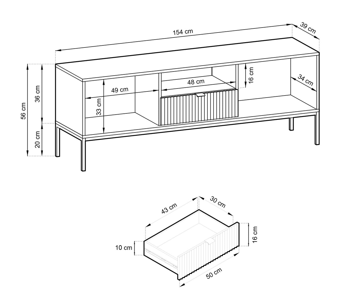 Meuble TV Vellore 154 cm gris avec façades rainurées et structure dorée
