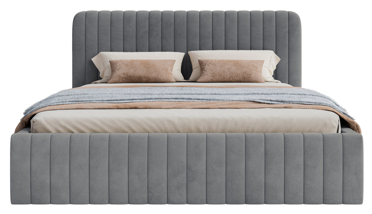 Lit tapissé 140x200 cm Saliano avec rangement, velours hydrofuge bleu-gris