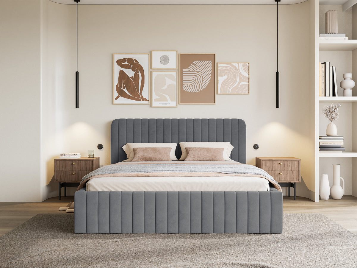 Lit tapissé 140x200 cm Saliano avec rangement, velours hydrofuge bleu-gris