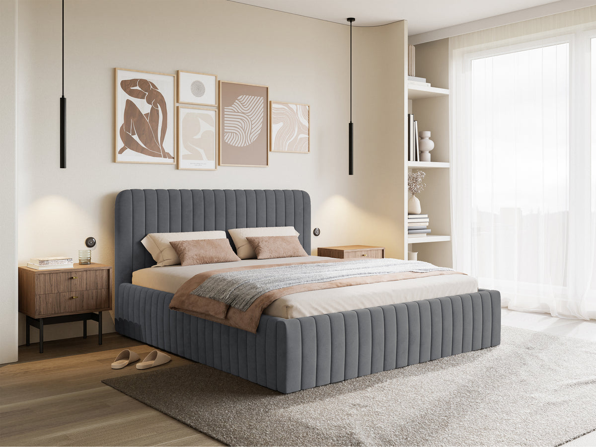 Lit tapissé 140x200 cm Saliano avec rangement, velours hydrofuge bleu-gris