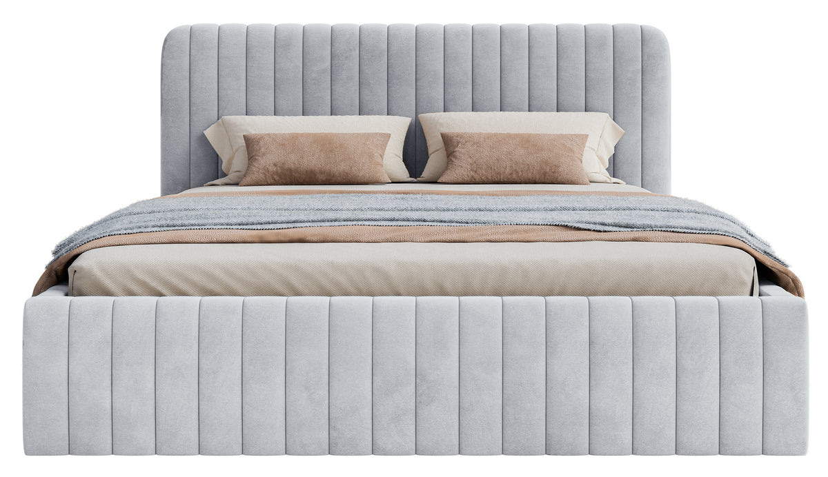 Polsterbett 160x200 cm Saliano mit Stauraum, taubenblauer Velours, wasserabweisend
